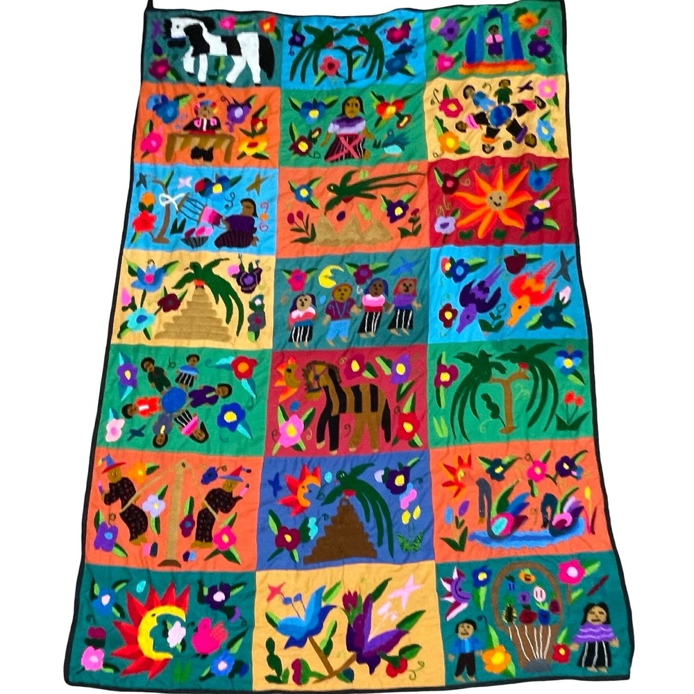 Vintage Guatemala Hand Embroidered Mola Folk Art Hanging Tapestry Bright Colors